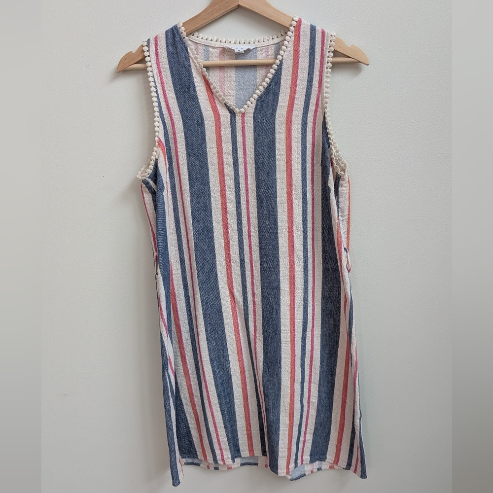 THML Striped Cotton Linen Shift Dress Crochet Trim Size M